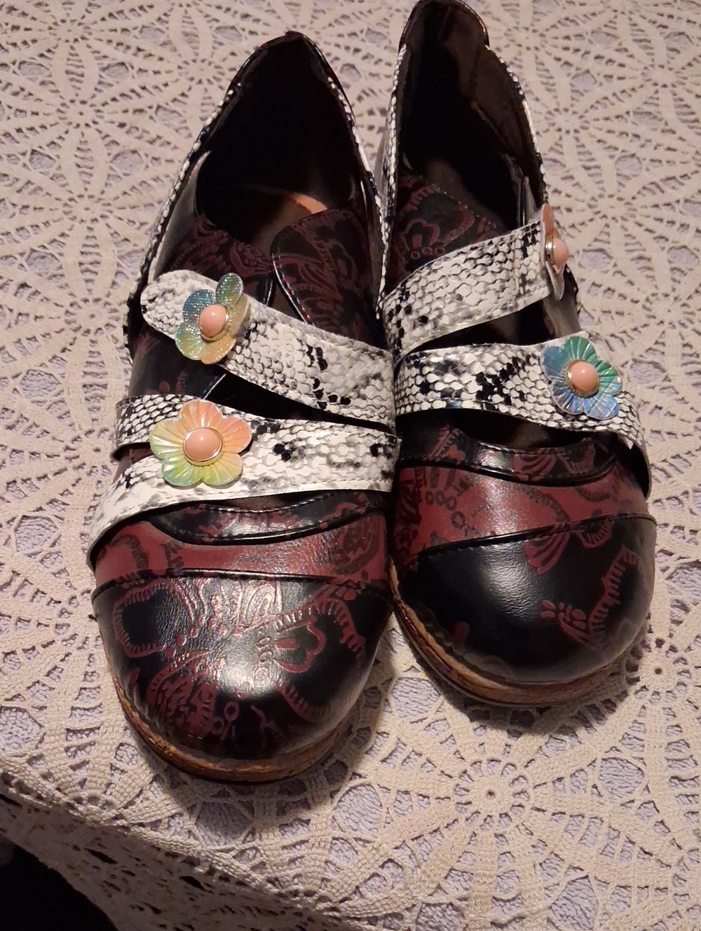 Floral Accent Black & Burgundy Mary Jane Flats with Snakeskin Straps